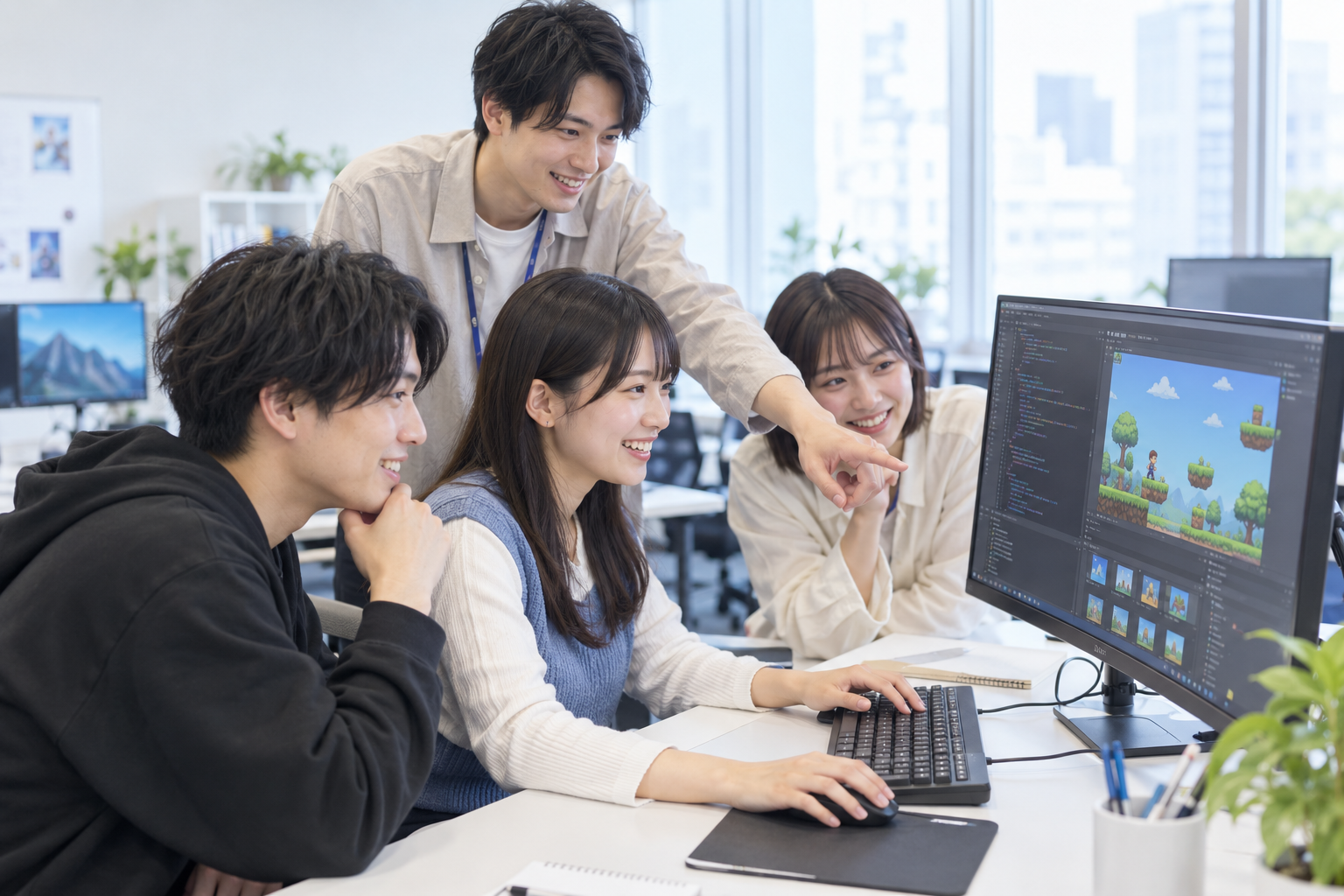 参加者が笑顔でゲームプログラミングに取り組む制作風景（AI生成イメージ）